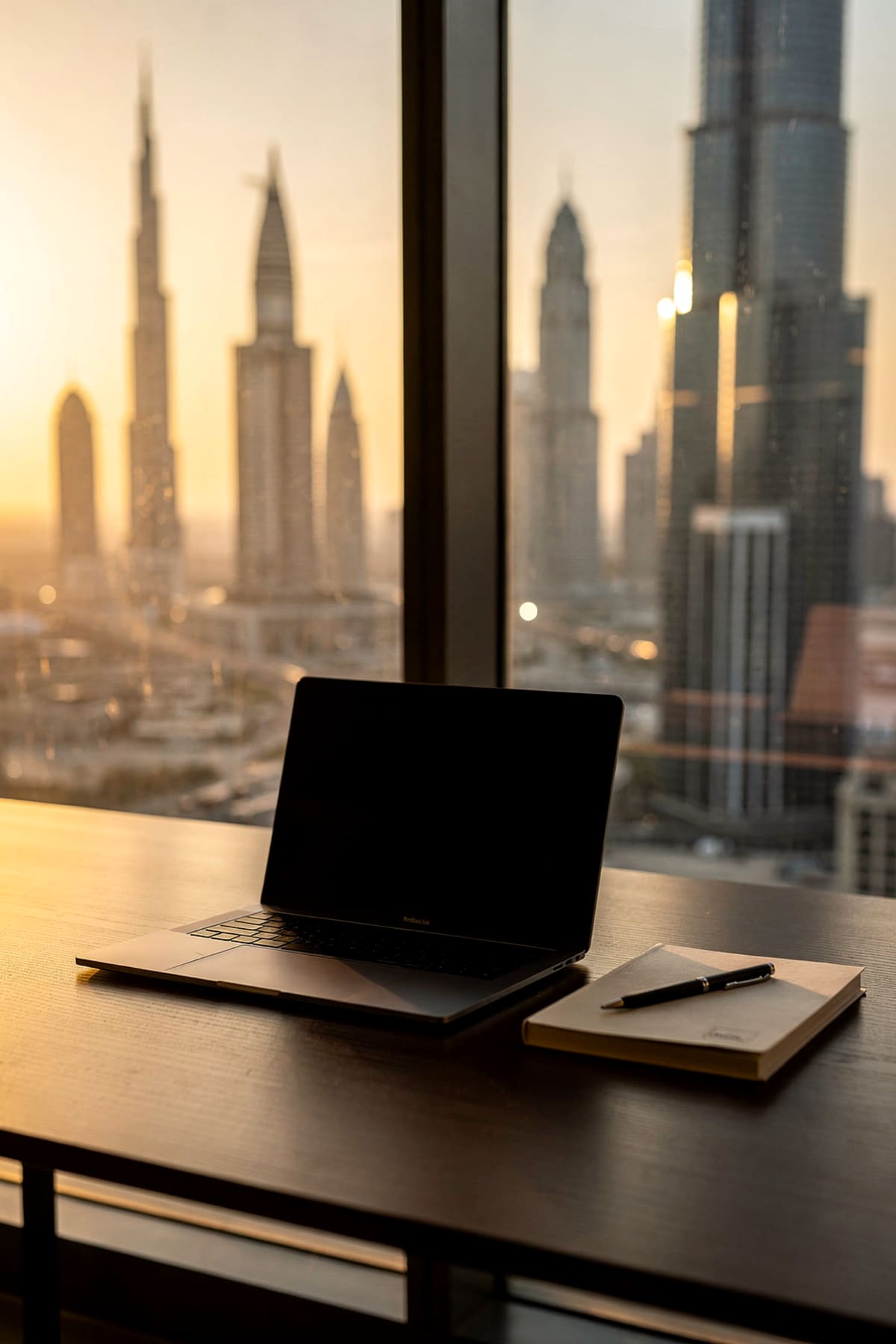 Moderner Arbeitsplatz mit Laptop vor bodentiefer Fensterfront mit Blick auf die Dubai-Skyline in der Abenddämmerung